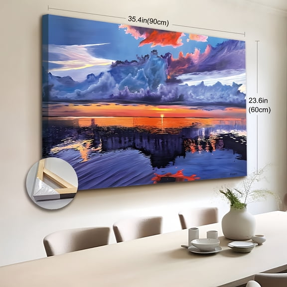 Extra Large Canvas Wall Art - Monumental Skies Over Ocean Reflections with Tangerine Lavender Clouds & Sea, Ready to Hang Framed Painting for Living Room, Bedroom, Kitchen, Office - Modern Home Decor