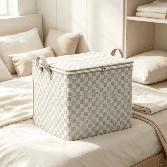 Extra Large Capacity Checkered Storage Box, Foldable Moving Organizer Bins with Handle Zipper, House Clothes Storage Container for Blanket Pillows Quilts Bedding 30L