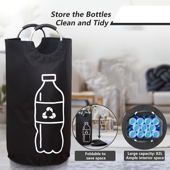Extra Large Capacity Foldable Recycling Bin For Home, Cylindrical Open-Top Design With Aluminum Handles, Multi-Purpose Storage Basket For Bottles Space Saving,15*28.3 In