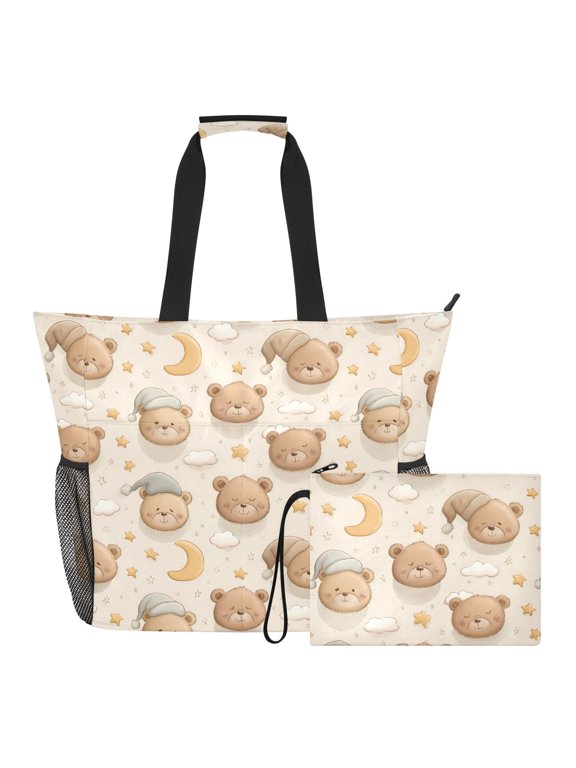 Extra Large Cartoon Bear Head Beach Bag for Women Waterproof Tote with Zipper Pockets
