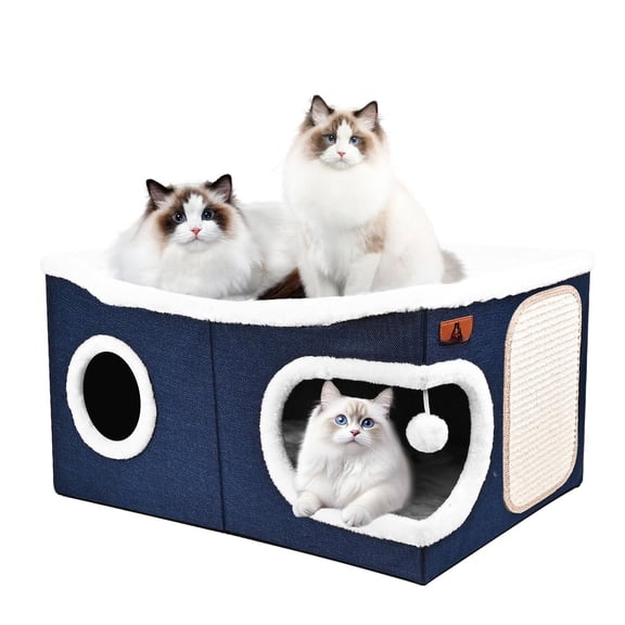 Extra Large Cat Beds For Indoor Cats  Covered Cave & Furniture With Scratch Pad And Fluffy Ball Foldable Condo Hideaway Reversible Cushion Multi Small Pet Kittens Blue