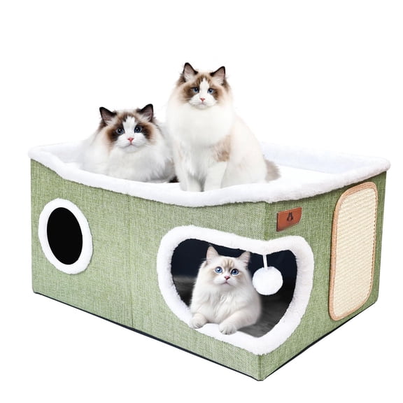 Extra Large Cat Beds For Indoor Cats  Covered Cave & Furniture With Scratch Pad And Fluffy Ball Foldable Condo Hideaway Reversible Cushion Multi Small Pet Kittens Green