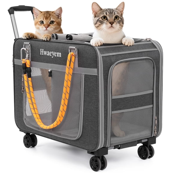 Extra Large Cat Carrier for 2 Cats with Wheels, 24" X 15" X 17" Dual-Compartment Cat Car Travel Carrier, Breathable Rolling Dog Carriers for Small Dogs with Zipper Locks, Light Gray