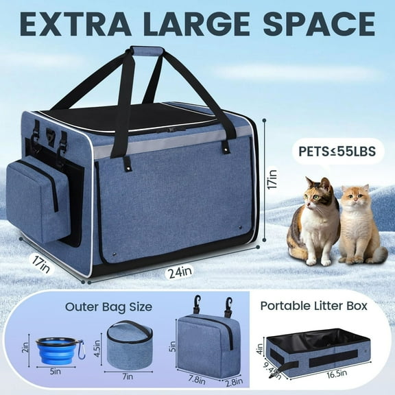 Extra Large Cat Carrier for 55LBS Pet Car Travel with Litter Box, 24"x17"x17" Soft Large Cats or Medium Dog Carrier with 5 Breathable Mesh Windows and Locking Zippers for Long Distance