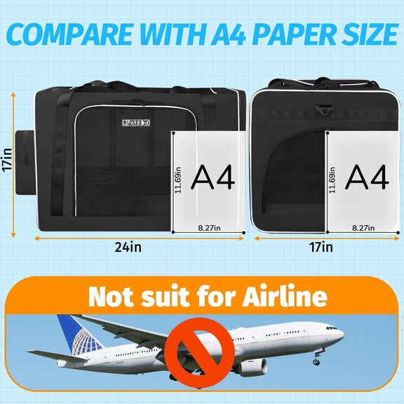 Extra Large Cat Carrier with Litter Box 24"x17"x17" for Medium Large Cat or 2 Small Cats, Collapsible Soft Sided Pet Carrier for Car Travel with Lockable Safety Zippers(Black)