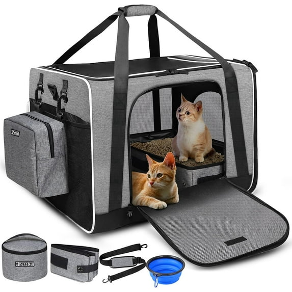 Extra Large Cat Carrier with Wheels and Litter Box 24"x17"x17" for Large Cat or 2 Small Cats, Collapsible Soft Sided Pet Carrier for Car Travel with Lockable Safety Zippers(Blue)
