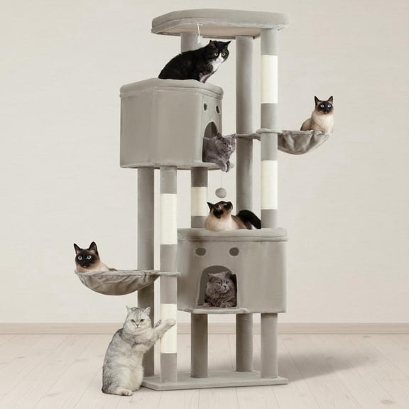 Extra Large Cat Tree, XXL Giant Cat Tower for Indoor Cats, Multi-Level Cat Climbing Condo with Scratching Posts, Wide Platform Perches, Baskets, Cat Caves, Light Grey