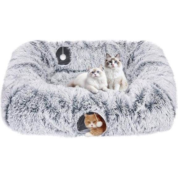 Extra Large Cat Tunnel Bed, 4 Ways Tunnels for Indoor Cats, Multi-cat Family Cat Bed & Cave, Plush Cat Donut with Washable Middle Mat, Exit Balls, Pet Play Toy for Kitten Puppy Rabbit