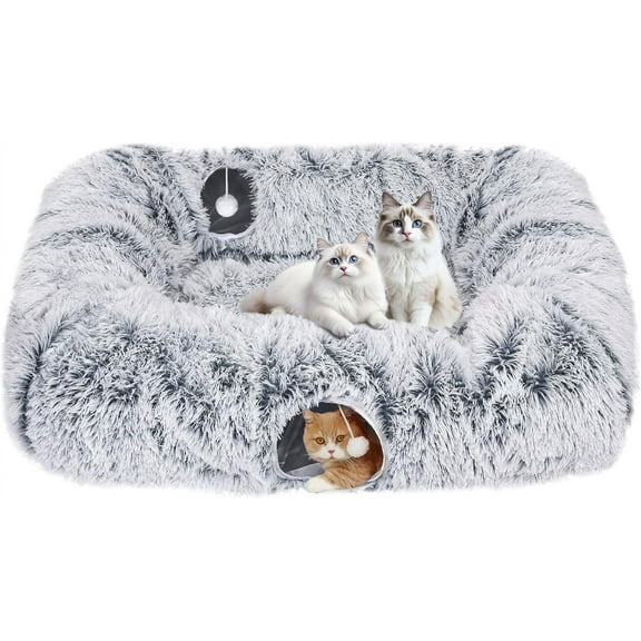 Extra Large Cat Tunnel Bed, 4 Ways Tunnels for Indoor Cats, Multi-cat Family Peekaboo Cave & Cat Bed, Plush Cat Donut with Washable Middle Mat, Exit Balls, Pet Play Toy for Kitten Puppy Rabbit