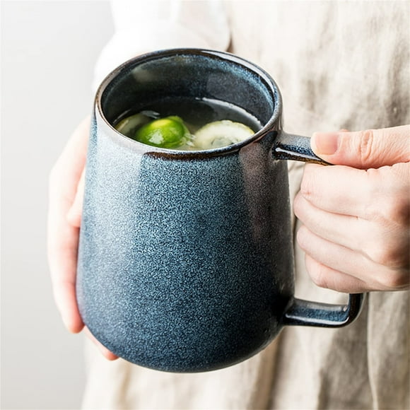 Extra Large Ceramic Coffee Mug with A Big Handle,Jumbo Tea and Coffee Cup for Office and Home,With Spoon and Wooden Lid,Dishwasher and Microwave Safe(Blue)