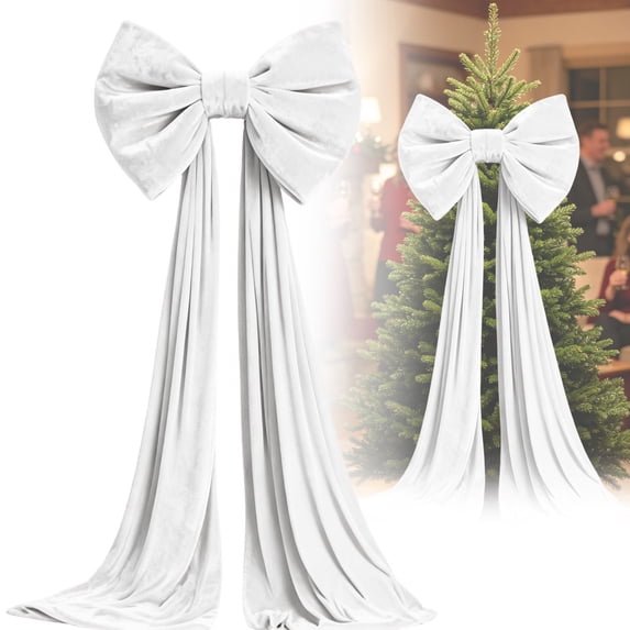 Extra Large Christmas Bow, Christmas Tree Topper Decorations, White 160X40Cm Velvet Bow for Front Door Stairway Living Room, Festive Holiday Decoration with Flowing Ribbon Tails