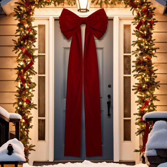Extra Large Christmas Front Door Bow Decorations 27 x 78 Inch Giant Velvet Christmas Tree Topper Bow with Long Streamers Wreath Wall Decor for Home Xmas Room Holiday Porch(Burgundy)