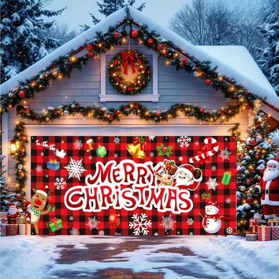 Extra Large Christmas Garage Door Banner Merry Xmas Holiday Porch Backdrop Decorations for Outdoor Party Wall Hanging Festival Supplies