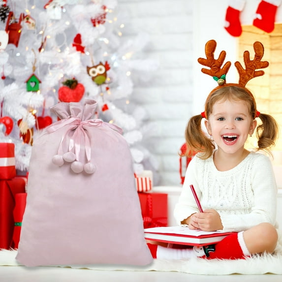Extra Large Christmas Gift Bags 27x20 Inch - Reusable Fabric Drawstring Storage Bags with Bells for Holiday Decorations, Xmas Party Supplies, Santa Themed Present Wrapping (Pink)