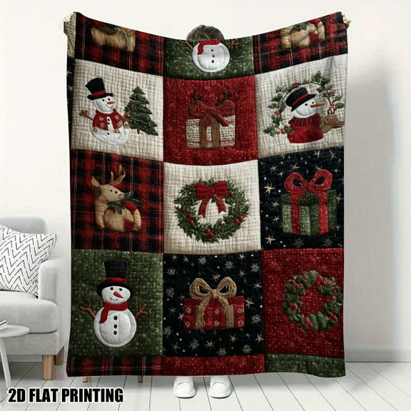 Extra Large Christmas Plaid Flannel Blanket - Ultra-Soft All-Season Throw for Bed & Sofa - Festive Holiday Decor with Snowman, Reindeer Patterns - Machine Washable Cozy Gift in Red, Green, Golden
