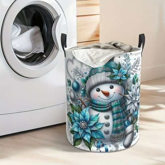 Extra Large Christmas Snowman Laundry Basket with Rope Handles -19, 6x15, 7 Inch Round Storage Hamper,Durable Polyester Holiday Decor for Toys,Clothes &More,Festive Snowman Design with Floral Accents