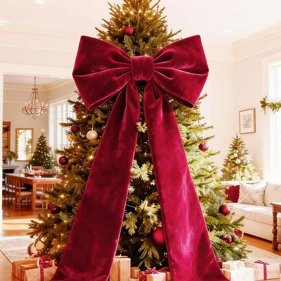 Extra Large Christmas Tree Topper Decorations Giant Xmas Red Velvet Bow Christmas Tree Topper Large Bow Tree Topper Oversized Velvet Bows Tree Topper (Red)