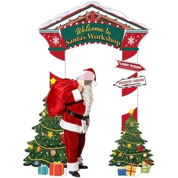 Extra Large Christmas Welcome to Santas Workshop Decorations, 7.2 x 5.4 FT Santas Workshop Cardboard Cutout Corrugated Plastic Life-Size Christmas Photo Booth Prop for Indoor Outdoor Decor