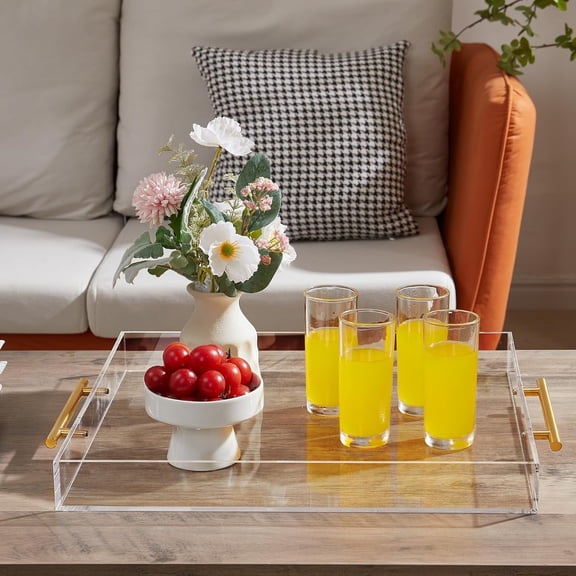 Extra Large Clear Acrylic Serving Tray (1818 Inches) with Gold Handles Spill Proof Acrylic Over Size Big Decorative Tray Organiser for Ottoman Coffee Table Countertop