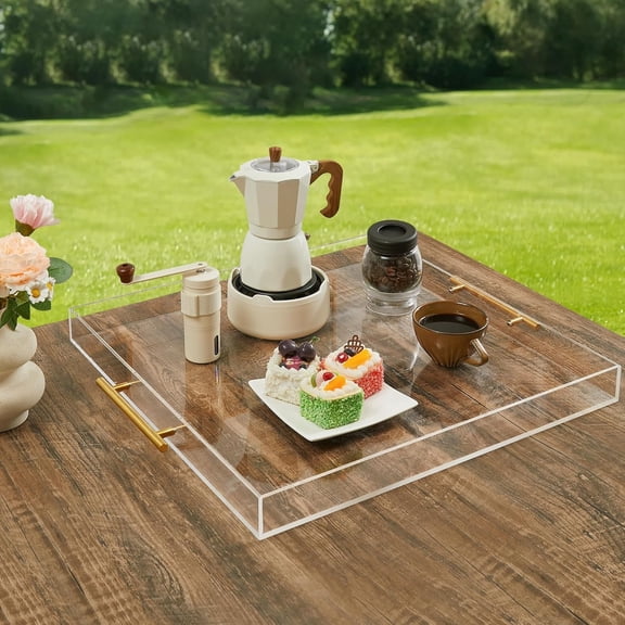 Extra Large Clear Acrylic Serving Tray (1818 Inches) with Gold Handles Spill Proof Acrylic Over Size Big Decorative Tray Organiser for Ottoman Coffee Table Countertop
