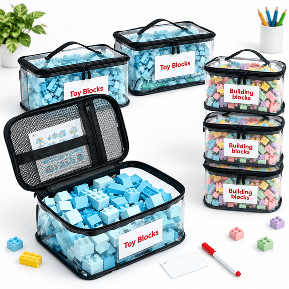 Extra Large Clear Storage Bags with Pocket, 6 Pack, Black Trim, Waterproof TPU Organizer for Puzzles and Building Blocks