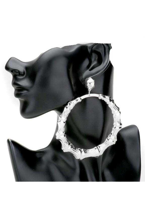 Extra Large Clip-on Earrings Bamboo Hoop Earrings Silver Tone 4 inch