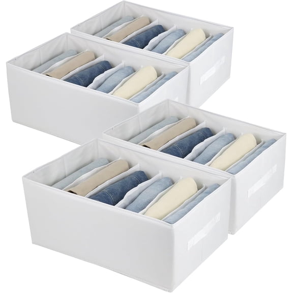 Extra Large Clothes Closet Organizer 6 Compartments for Jean Sweater Sheets to Shirt - Divided Clothing Storage Boxes for Closet, Wordrobe, Bedroom, Shelf (4pc White)