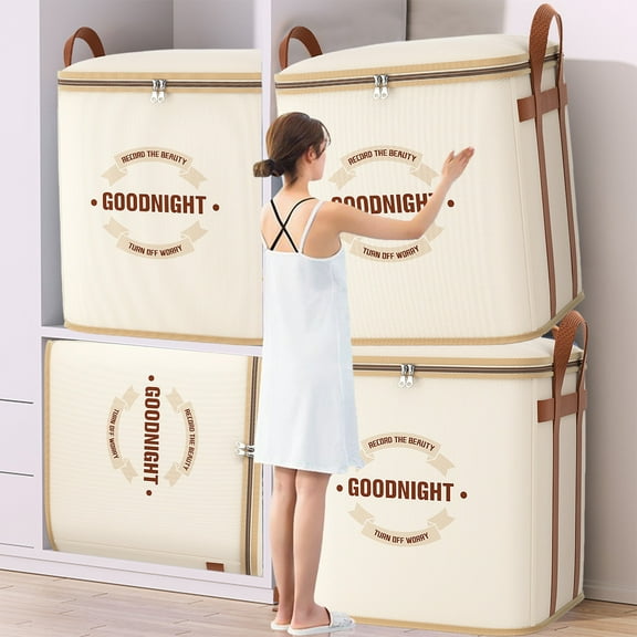 Extra Large Clothes Storage Bag | Heavy Duty Thickened Polypropylene Tote | Reinforced Handles | Full Zip Opening | Foldable & Stackable | 61x50x50cm | Beige | 1 Pack