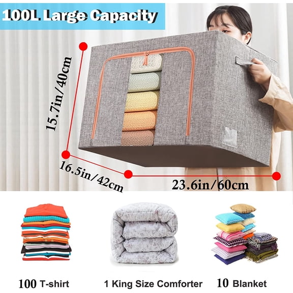 Extra Large Clothes Storage Bins with Metal Frame, Foldable Organizer for Home Organization, 2-Way Zipper, Clear Window Storage Bags for Clothes, Bedding, Seasonal Storage, 100L x 3Pack