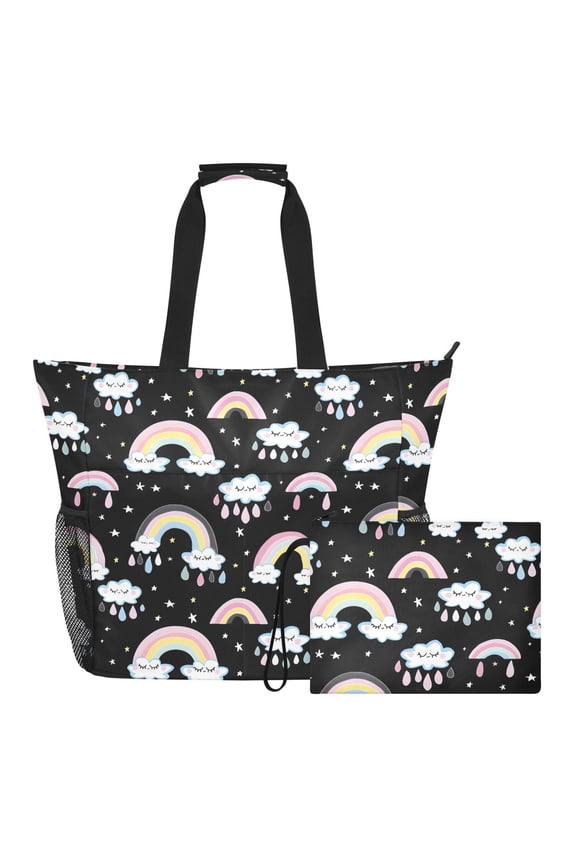 Extra Large Cloud Rainbow Beach Bag for Women Waterproof Tote with Zipper Pockets