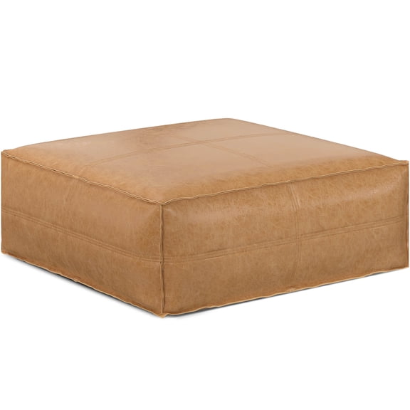 Extra Large Coffee Table Pouf Ottoman, Light Brown Distressed Faux Leather, Square Footstool for Living Room, Accent Seating