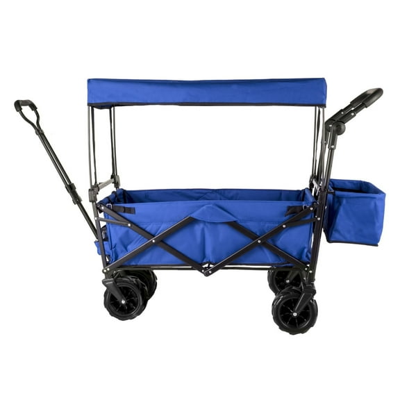 Extra Large Collapsible Garden Cart with Removable Canopy, Folding Wagon Utility Carts with Wheels and Rear Storage, Wagon Cart for Garden, Camping, Grocery Cart, Shopping Cart, Blue