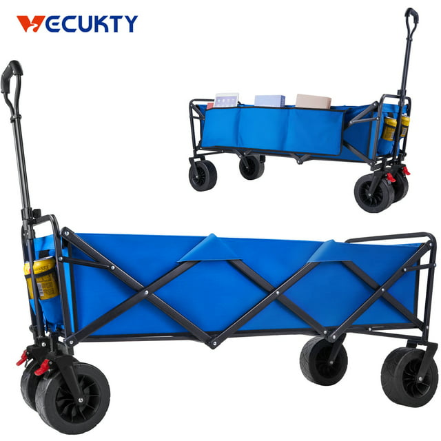 Extra Large Collapsible Garden Cart, Vecukty Folding Camp Wagon Utility Carts with Fat Wheels and Side Storage, for Garden, Camping, Grocery, Shopping, Blue