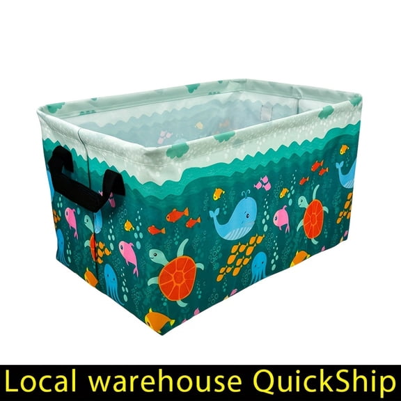 Extra Large Collapsible Laundry Hamper with Cute Whale Turtle Underwater World Small Fish Print - Thickened Oxford Cloth, Open-Top Design, Sturdy Handles for Bathroom,Shelf Baskets