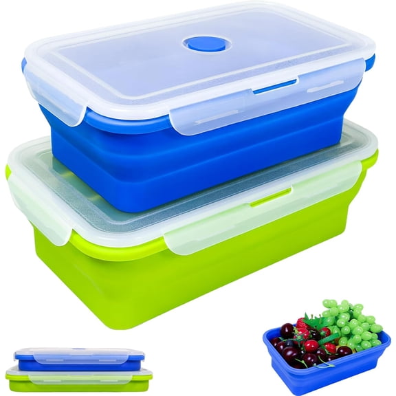 Extra Large Collapsible Silicone Food Storage Containers with Lids, Set of 2 Foldable Lunch Boxes 82.8oz + 60.2oz, for Kitchen, Travel, Camping, BPA Free