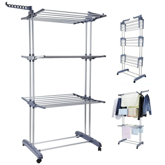 Clothes Drying Rack, 4 Tier Outdoor Laundry Drying Rack, Laundry Drying Rack with Foldable Wings Indoor, Gray