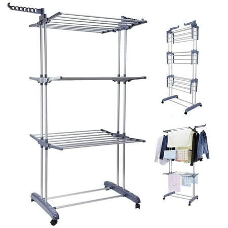 Clothes Drying Rack, 4 Tier Outdoor Laundry Drying Rack, Laundry drying Rack with Foldable Wings Indoor, Gray