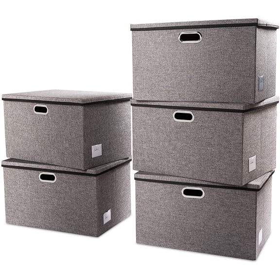 Extra Large Collapsible Storage Bins with Lids [5-Pack] Linen Fabric Foldable Storage Baskets Boxes Organizer Containers Cube with Cover for Bedroom Closet Office Nursery (22.8x15.75x13.8)