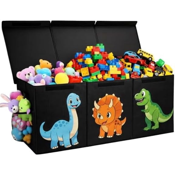 Extra Large Collapsible Toy Box Chest, Sturdy Dinosaur Toy Storage Organizer with Lids, 40"x16"x14", Toy Box for Boys Girls, Cute Kids Bin Baskets for Living Room, Playroom, Nursery, Bedroom, Black