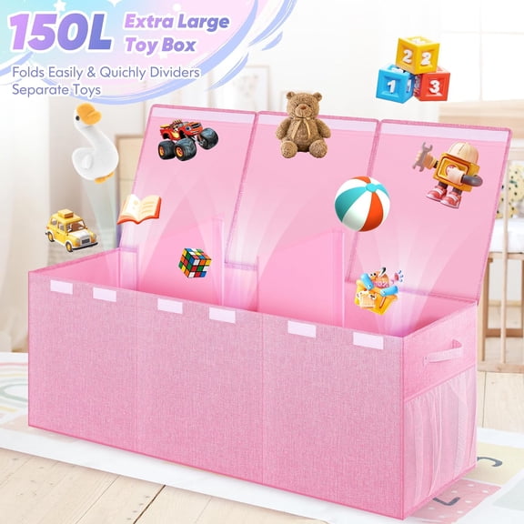 Extra Large Collapsible Toy Box with Mesh Pockets for Kids Boys Girls Pink Storage Organizer Bin