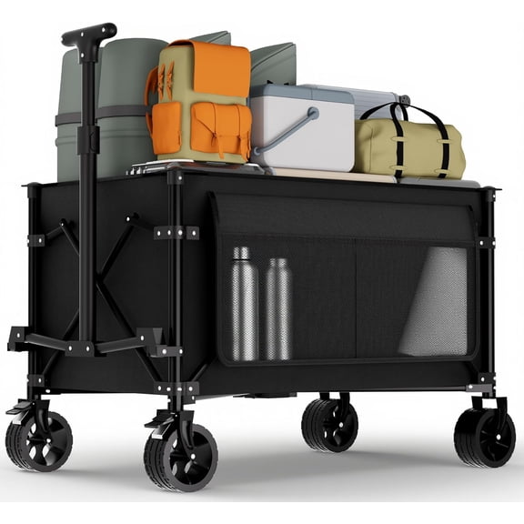 Extra Large Collapsible Wagon Carts Foldable 220L & 360LBS Folding Wagons w/All-Terrain Wheels & Brakes Portable Utility Shopping Cart for Beach Grocery Sports Garden Camping Outdoor, Black