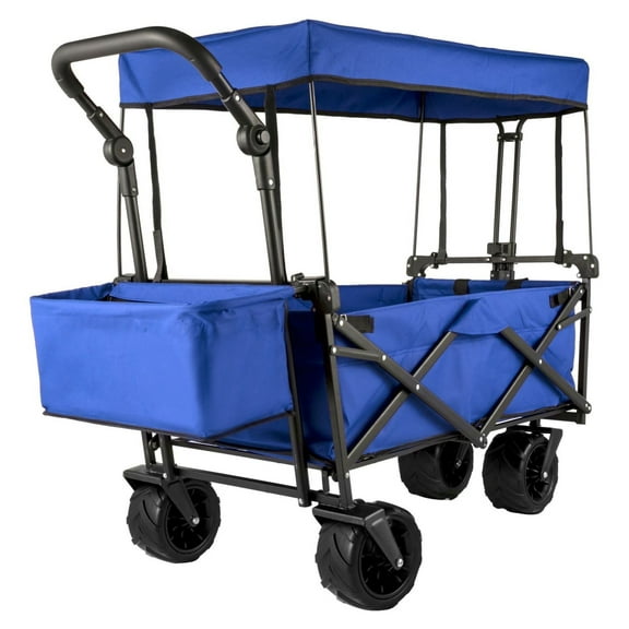 Extra Large Collapsible Wagon, Folding Garden Cart with Canopy & Wheels - 220lbs Capacity, Utility Wagon for Camping, Beach, Grocery, Shopping - Blue