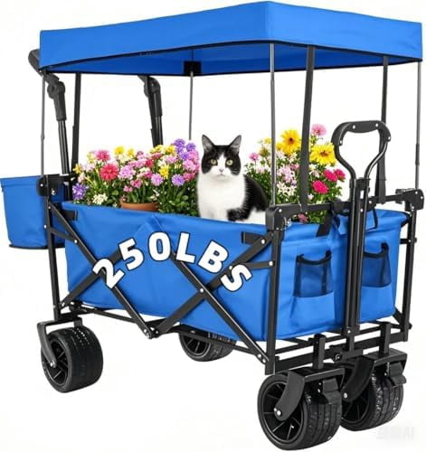 TAUS Heavy-Duty Collapsible Wagon With Removable Canopy – Blue, 220lb Capacity, Off-Road Wheels