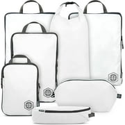 Extra Large Compression Packing Cubes for Travel-Extra Packaging Cube Luggage Organizers 7 Piece Set-Ultralight, Expandable/Compression Bags Clothes White/Grey