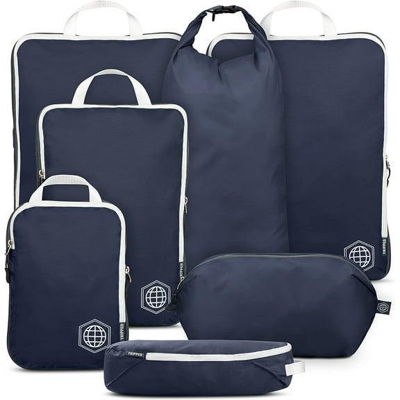 Extra Large Compression Packing Cubes for Travel Packaging Cube Luggage Organizers 7 Piece Set-Ultralight, Expandable/Compression Bags for Clothes (Navy/White))