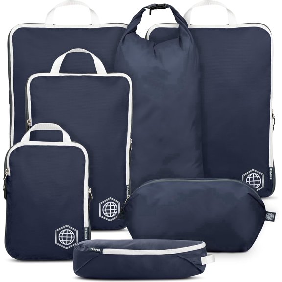 TRIPPED Travel Gear 7-Piece Extra-Large Compression Packing Cubes for Luggage, Navy and White