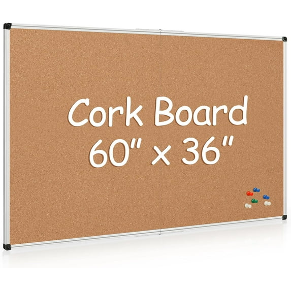 Extra Large Cork Bulletin Board 60" X 36", Foldable Notice Pin Board for Wall, Silver Aluminum Framed 5'x3' Corkboard, Wall Mounted Noticeboard with 36 Push Pins for School, Home