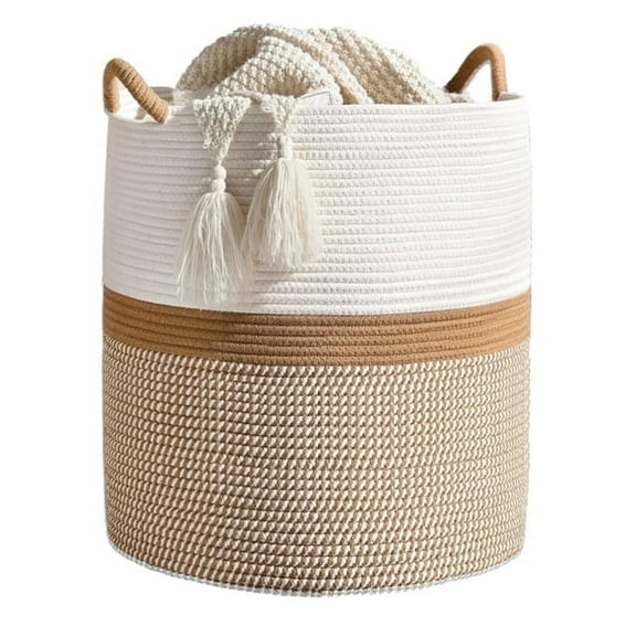 Extra Large Cotton Rope Basket for Storage, Domaci Woven Basket for Organizing, Blanket Basket Clothes Basket Laundry Hamper with Handles (16" x 20")