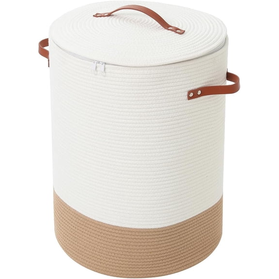 Extra Large Cotton Rope Storage Basket with Lid and Zipper, Versatile Laundry Hamper and Cloth Bin for Clothes, Towels, Blankets, Living Room Organization (White/Camel Bottom, 16"x20")