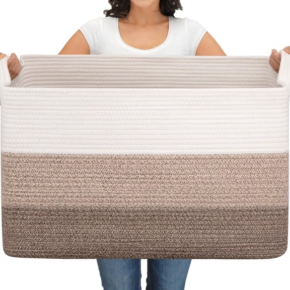 Extra Large Cotton Rope Woven Blanket Basket, 110 L, 24.8 In X 17.3 In X 15.8 In, Gradient Brown